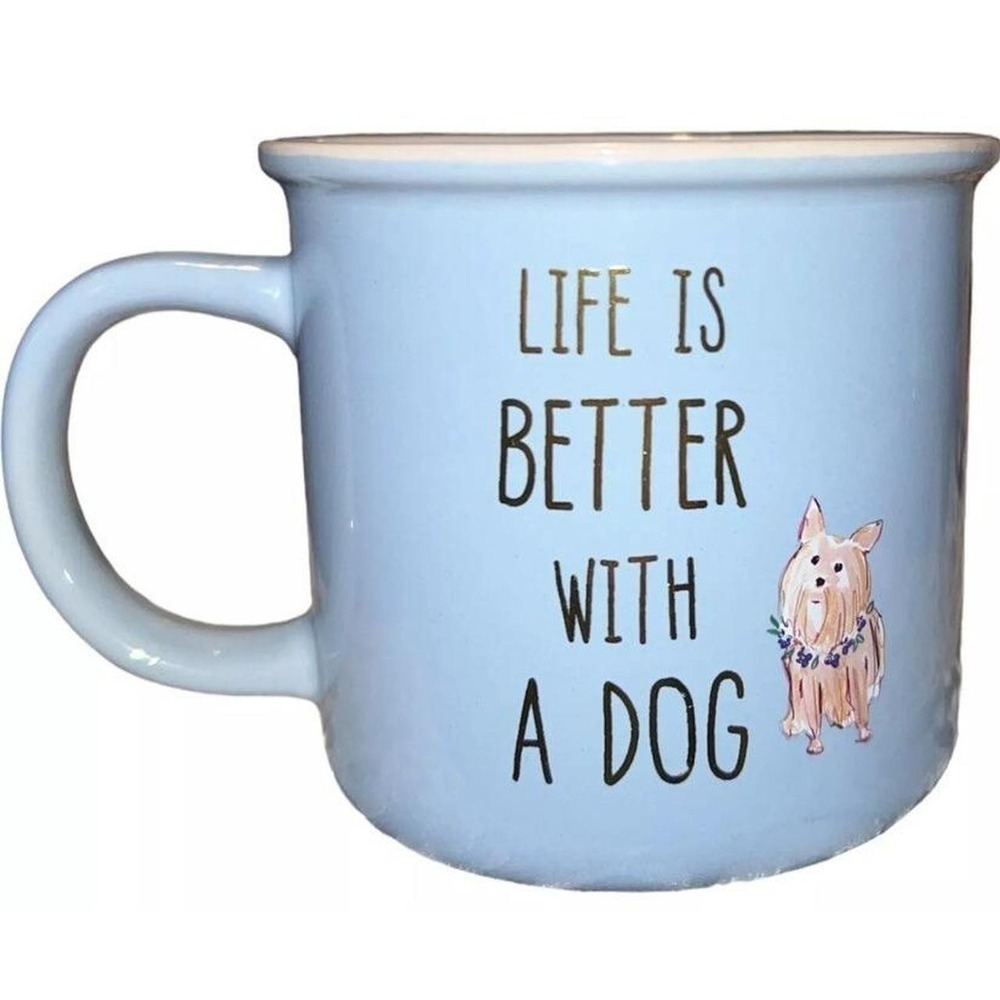 LIFE IS BETTER WITH A DOG Beth Briggs Blue Coffee Mug Cup Yorkie Dog Lover Gift